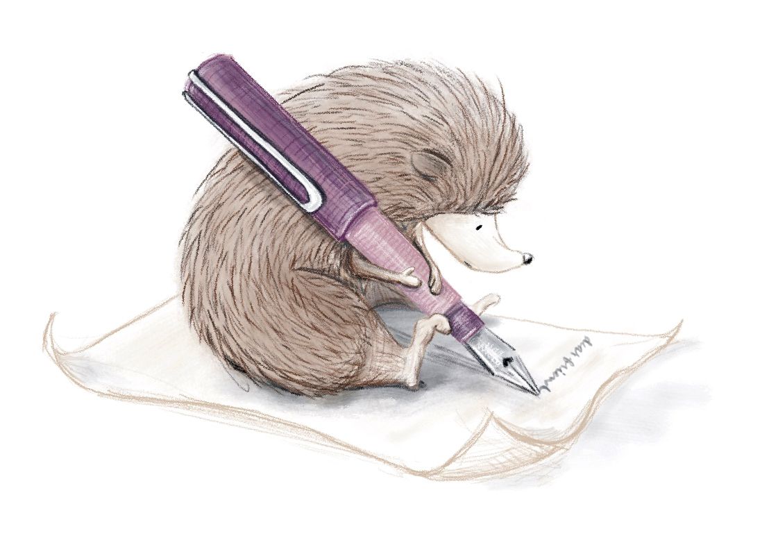 Cute pencil drawing of hedgehog writing a letter with a fountain pen