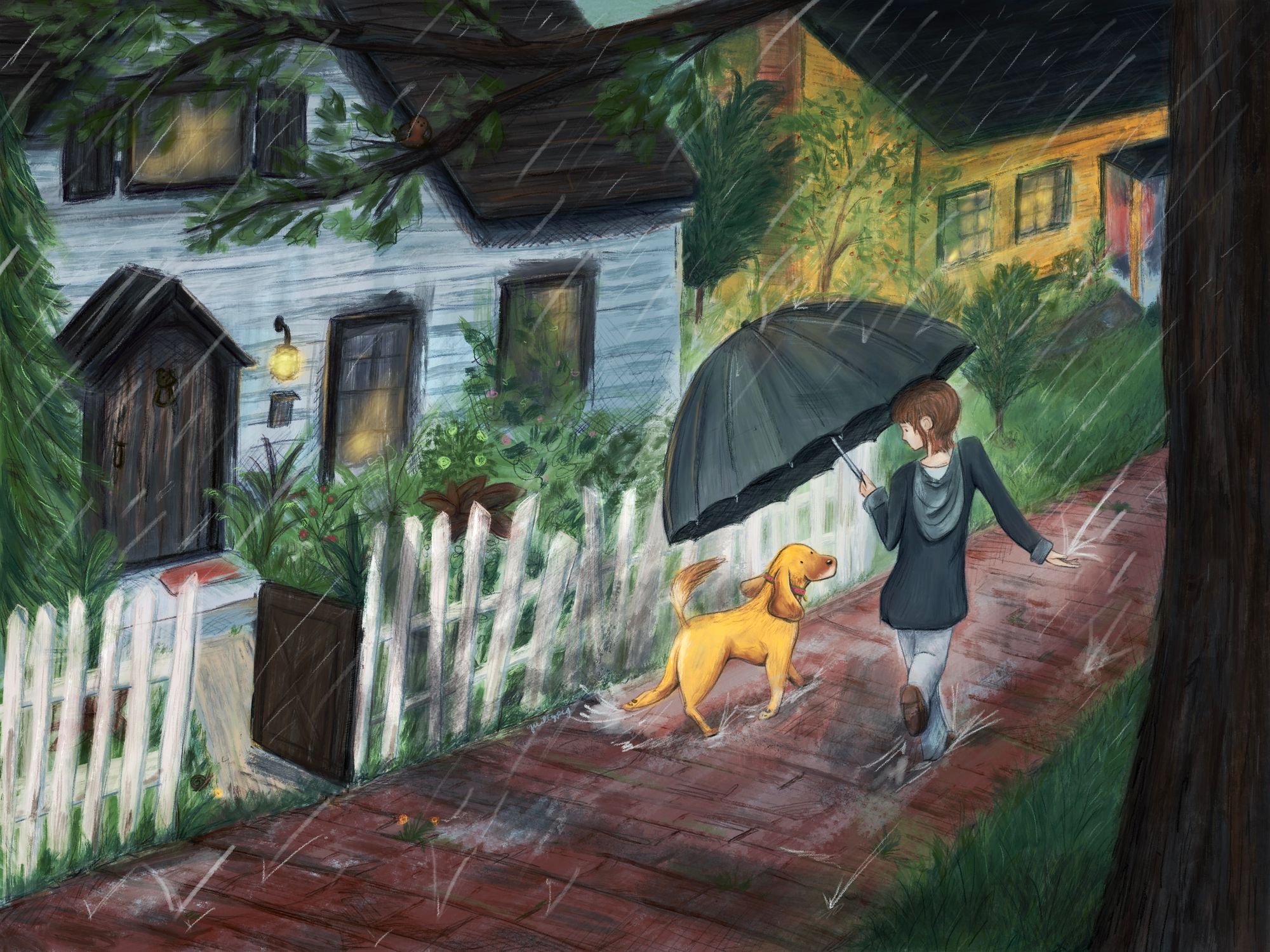 illustration of a girl running with her dog in the rain, sharing an umbrella