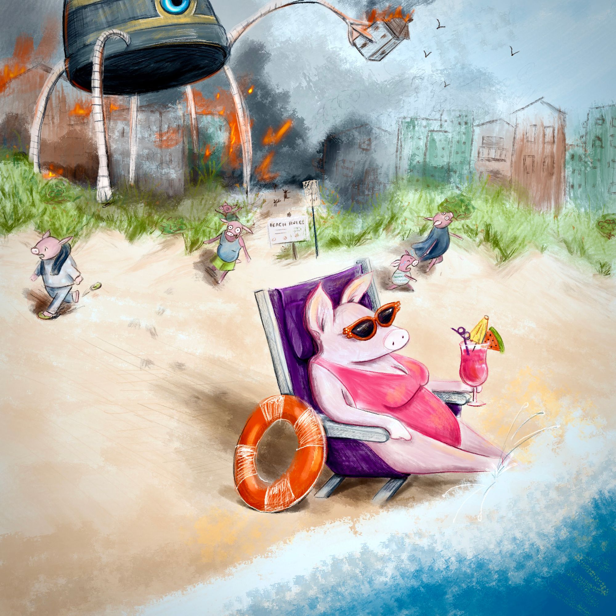 Pig lounging on beach with fruity beverage while a robot destroys the town behind her